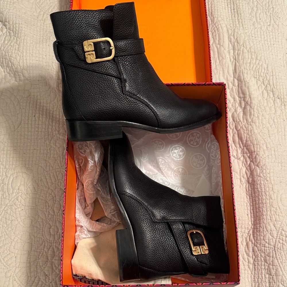 Tory Burch Black Ankle Boots with Gold Buckle